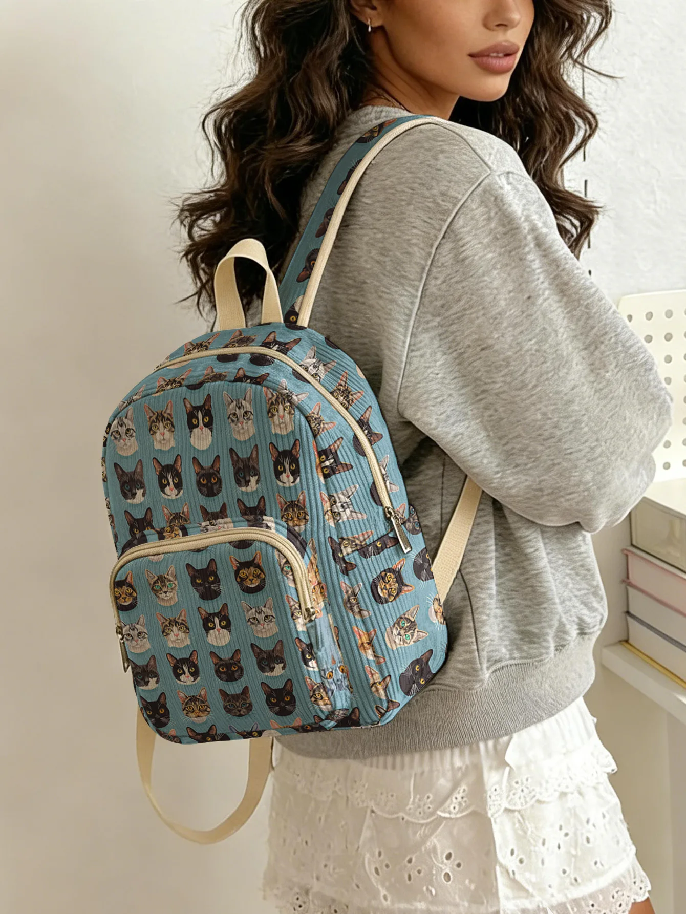 

Multi-breed Cat Heads Allover Print Women Fashion Backpack Corduroy Multi-pocket Large Capacity Commuter Bag