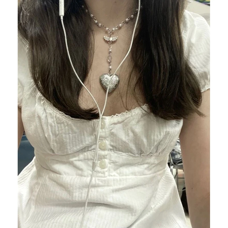 y2k Kawaii Cupids Daydream Locket Beaded Chain Layered Necklace Rosary Necklace fairy grunge alt jewlery