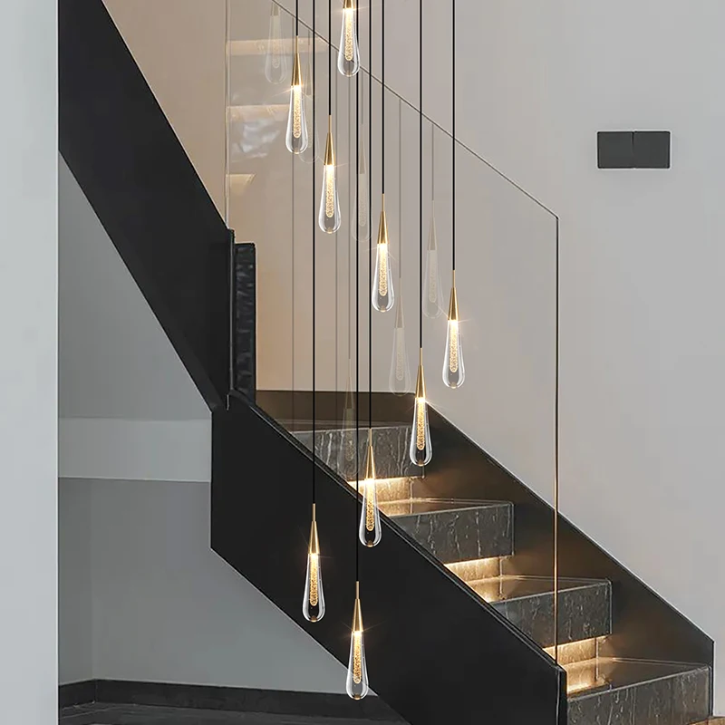 Nowoczesny oszczędny LED wisiorek lampa ForStair lampy, Duplex budynku willa, Apartmenthigh wiszące zwykłe kryształki złoty płynącej Waterdrop