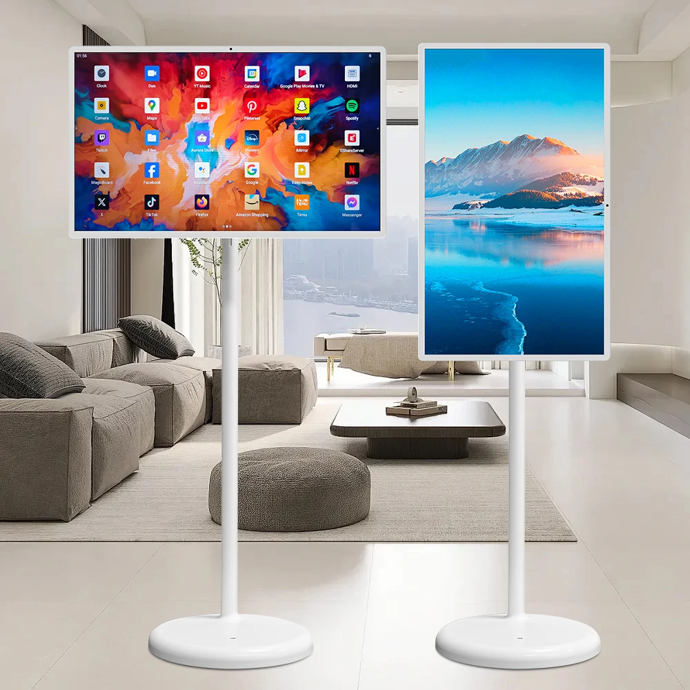 32-Zoll Smart Android Tragbarer TV-Monitor Rotierender Touchscreen-Ständer 2160p Auflösung 12V Netzteil Weiße LED für Zuhause