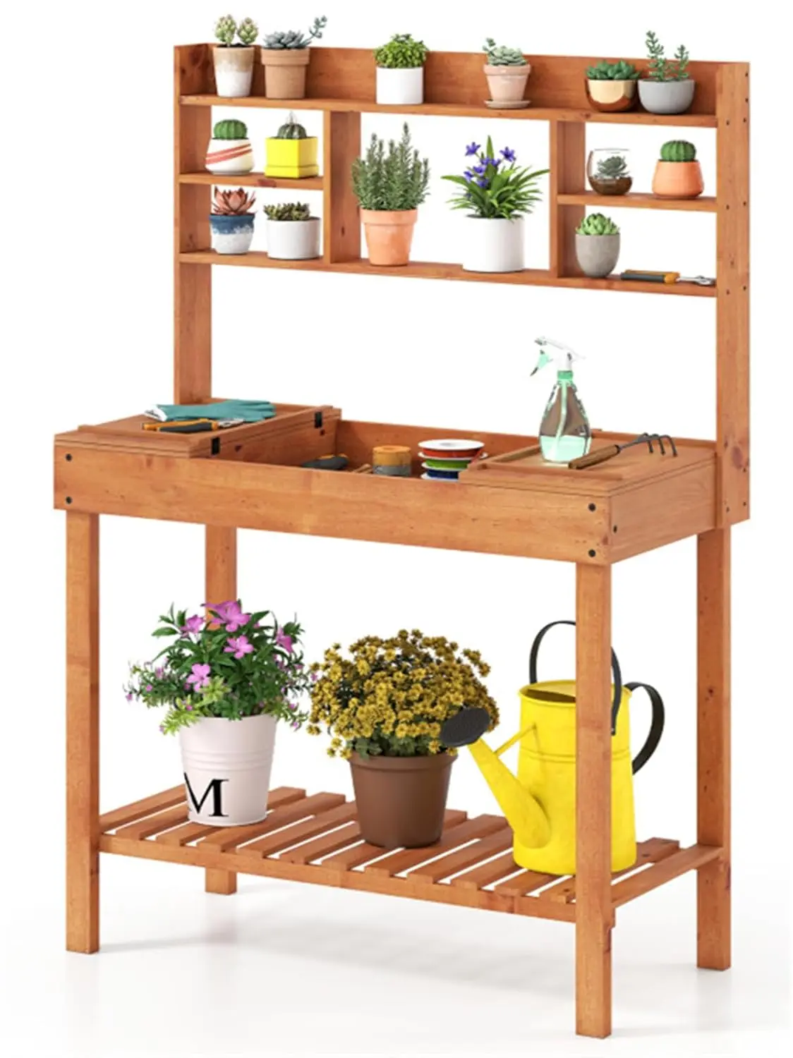 61 Inch Wooden Potting Bench with Flip-Up Top, Hidden Storage, 3-Tier Shelves for Patio & Garden, Solid Fir Wood, Customized