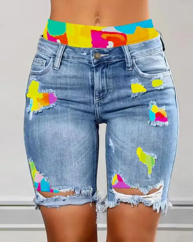 

Summer New Tie Dyed Printed Split Denim Shorts Fashionable and Casual Contrast Colored Spliced Tears Fake Two Piece Denim Shorts