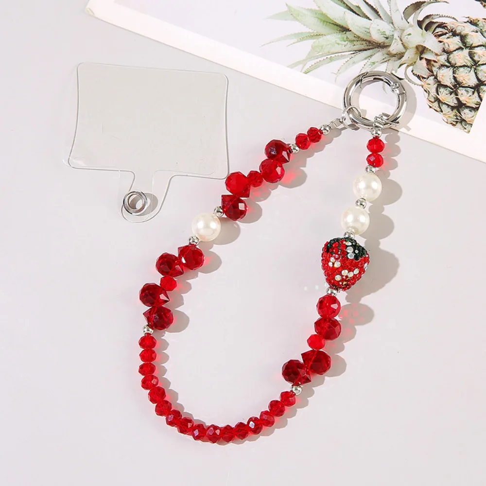

With Clip Strawberry Crystal Pendant Short Anti-lost Bling Strawberry Phone Chain Trinket Jewelry Pearl Mobile Phone Lanyard