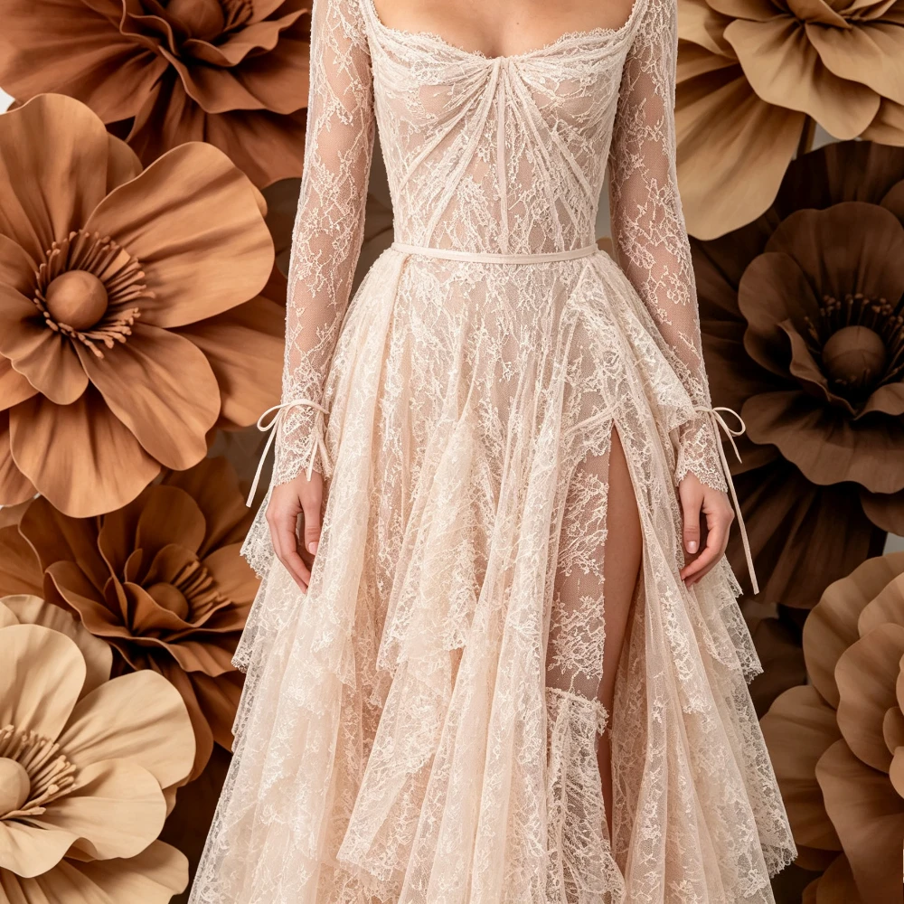 Customized Square Neck Long Lace Sleeve Wedding Dress Ruched Bodice Tiered Skirt High Slit Bohemian Vintage Sheer Bridal Gown