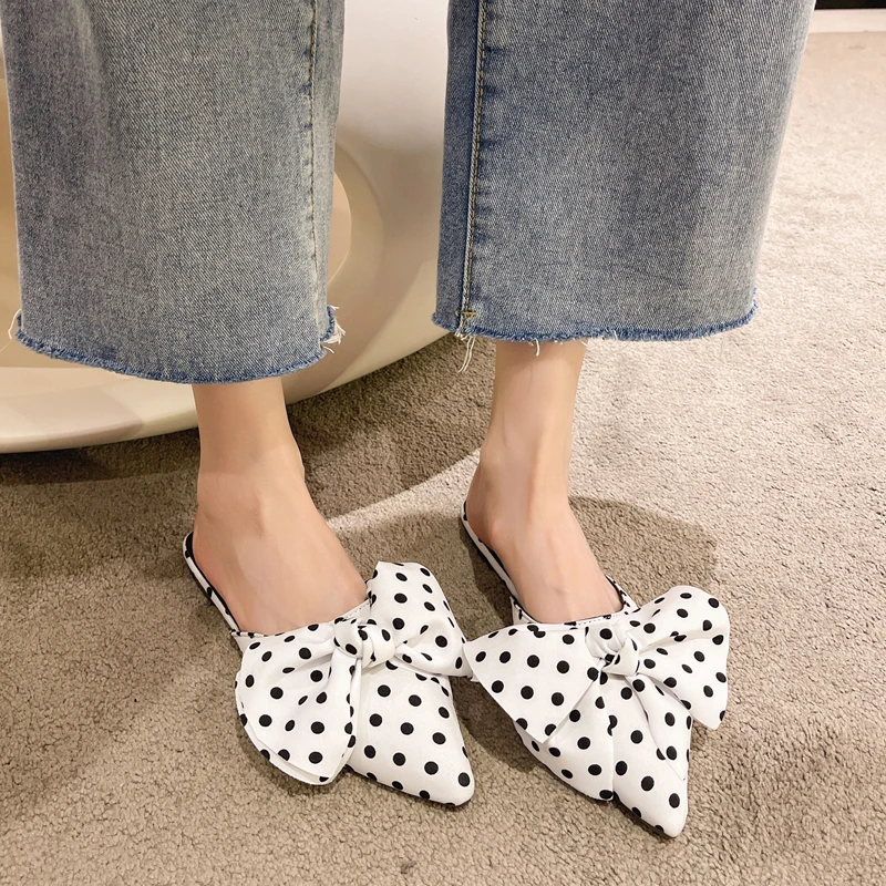 Oversize Bowtie Mule Shoes Women Fashion Pointed Toe Stripe Wave Slip-on Sandals Ladies Luxury Satin Silk Outdoor Flat Slippers