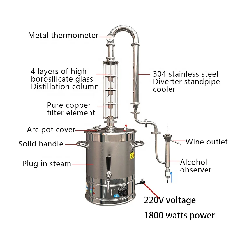 20L Plug-in Copper Core Rectifying Tower Type Household Small Distiller For Whiskey Brandy Machine