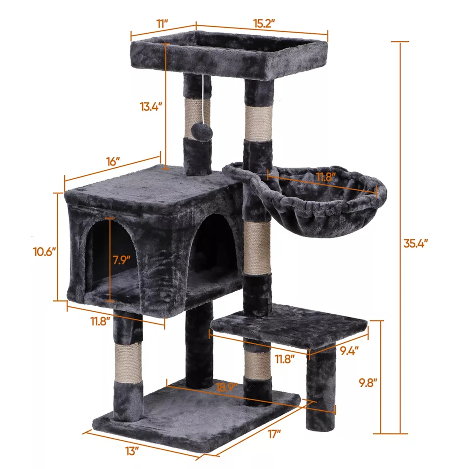 

36" Cat Tree Activity Scatch Tower Kitty Play House Plush Perch Hammock a Ball