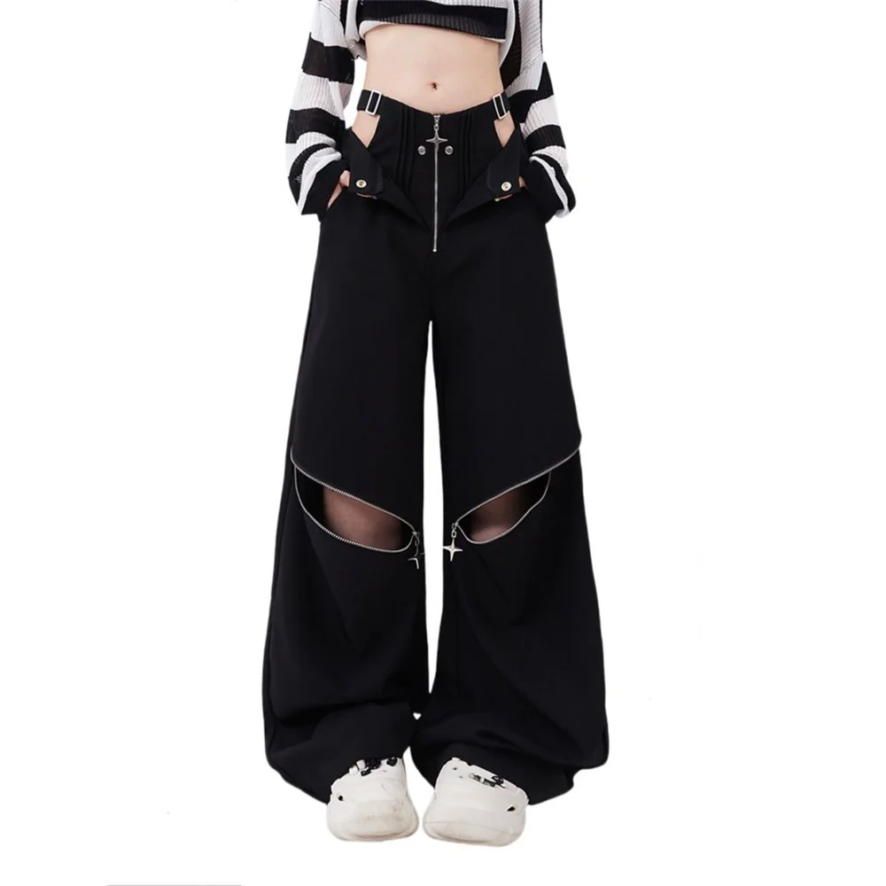 American Individualized Design Casual Versatile Trousers Spicy Girl Hollow Out Workwear Pants for Women Fashion Zipper Two Wear