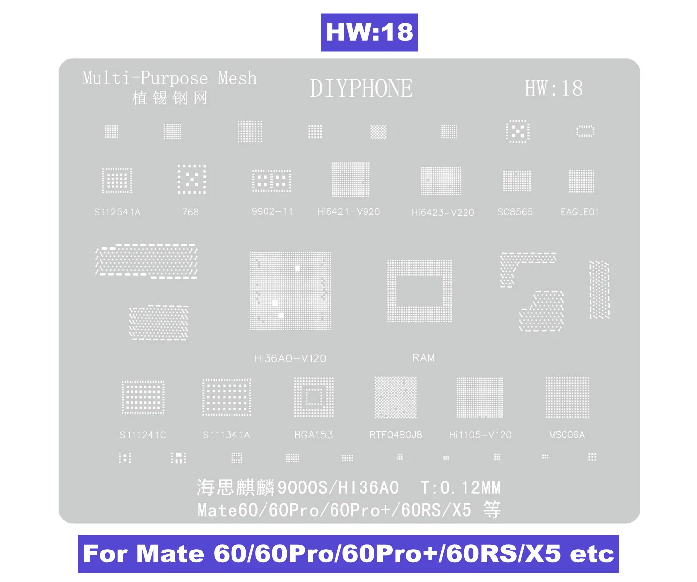 Plantilla de Reballing HW1-18 BGA, Kirin 9000S HI36A0 para Huawei Mate 60/60Pro/60RS/X5/Honor X30 /V20/Magic 2 CPU RAM IC Steel Mesh