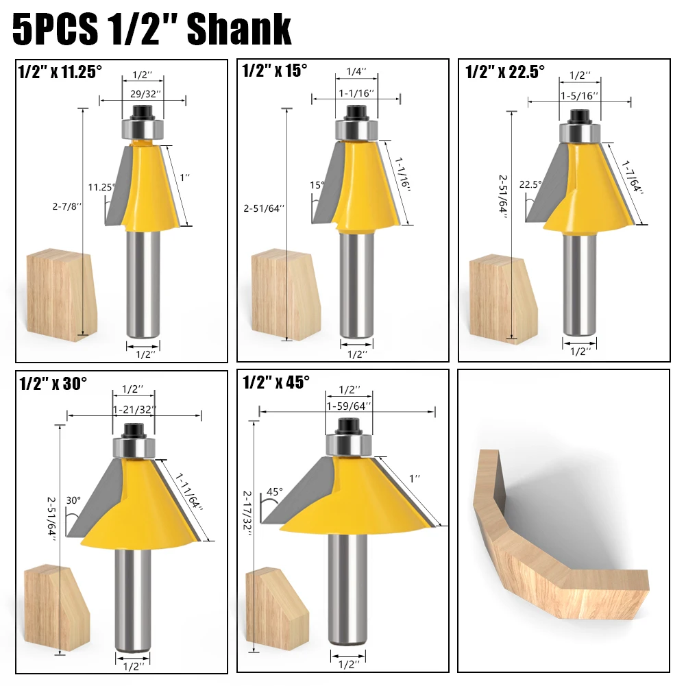 1 pz 6mm 8mm 12mm 1/4 \'\'\'1/2\'\'\' gambo di alta qualità grande 11.25,15,22.5,30, smusso a 45 gradi e smusso bordo Router Bit legno