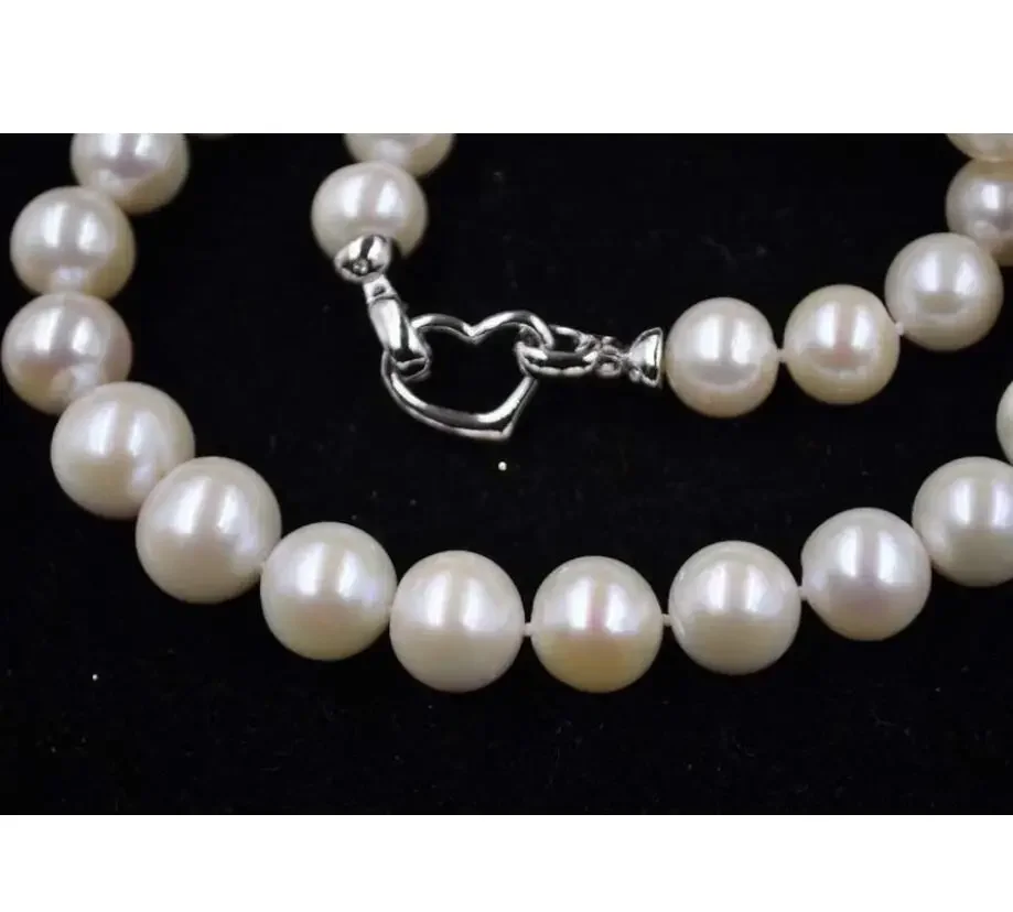 

GORGEOUS big 9-10mm round white genuine natural pearl necklace gem