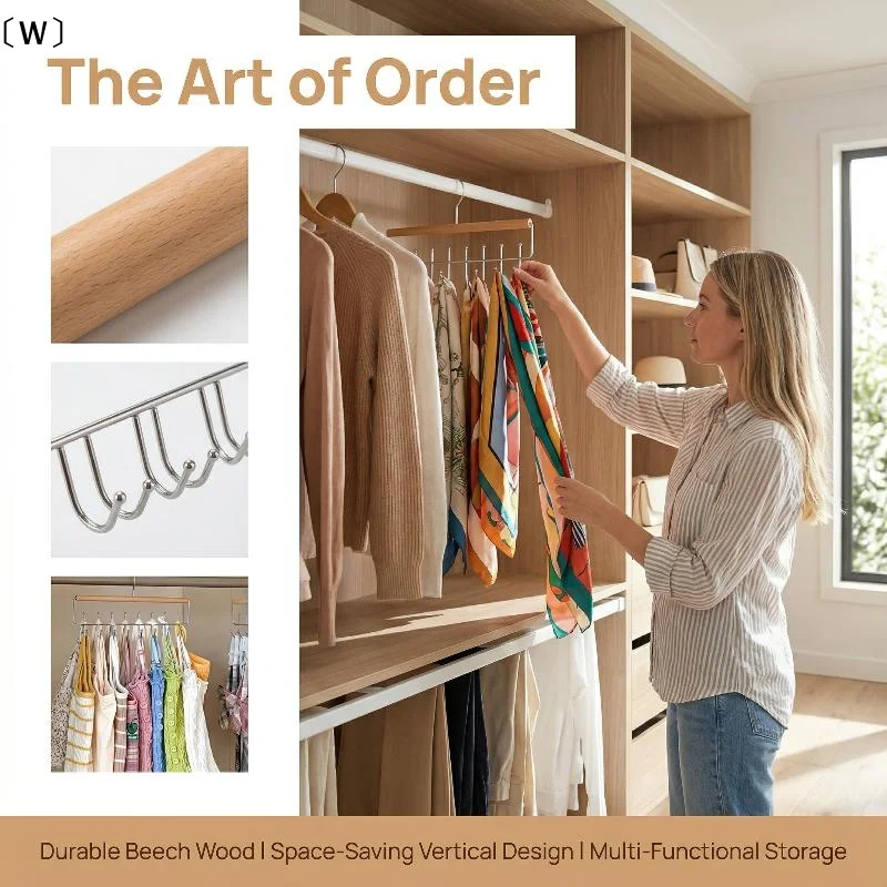 〔W〕1pc Versatile Wooden Hat Organizer Rack With Hooks Caps Belts Ties Storage Space-Saving Home Retail Display Clothes Storage view 3
