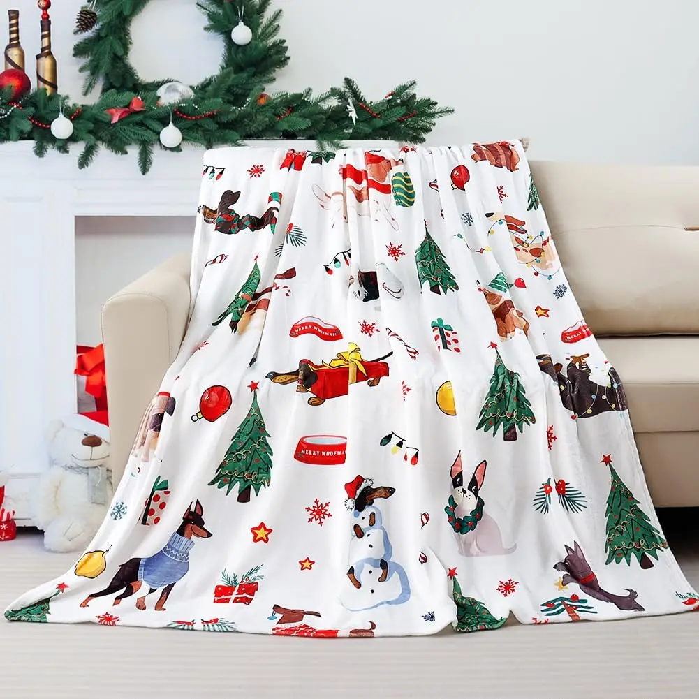 Christmas Throw Blanket Cute Christmas Dogs Blanket Super Soft Flannel Fleece Blankets Winter Plush Fuzzy Warm