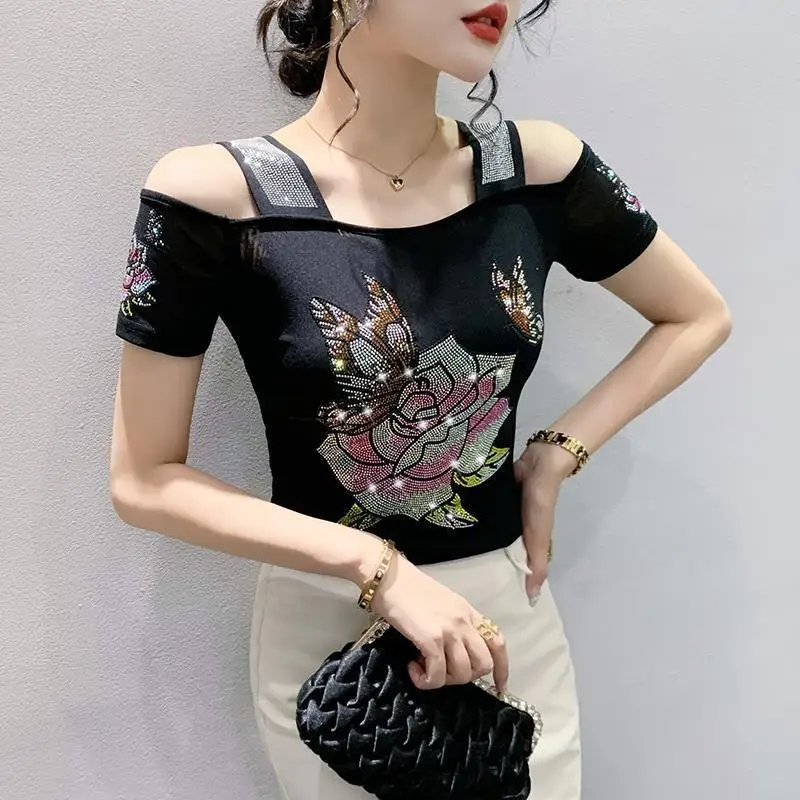 

Luxury High-end Design Clothes Summer T-Shirts Shiny Diamond Short Sleeve T-Shirt Women One-shoulder Slim Shirt Trend Streetwear