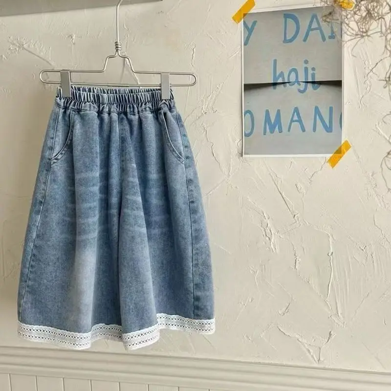 

autumn baby girls jeans pants children Korean loose wide leg denim trousers lace hem vintage kids clothes capris 2 to 10 years