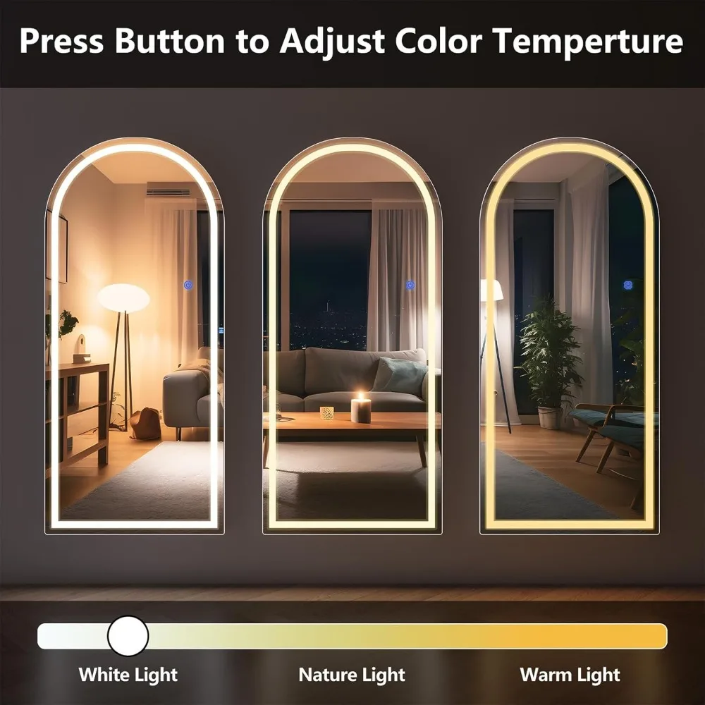 Illuminated Arched 65 x 24 Full-Length Mirror with Adjustable Dimming and Multi-Color Lighting, Shatter Resistant, Versatile for