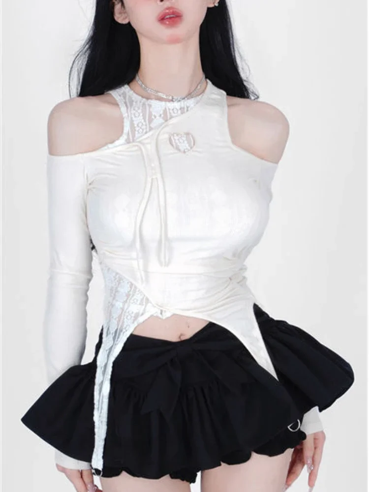 

Korean Y2k Sexy Skirts Women Autumn 2024 Slim Casual Elegant Two Piece Set Female Lace White Blouse + Black Party Mini Skirt