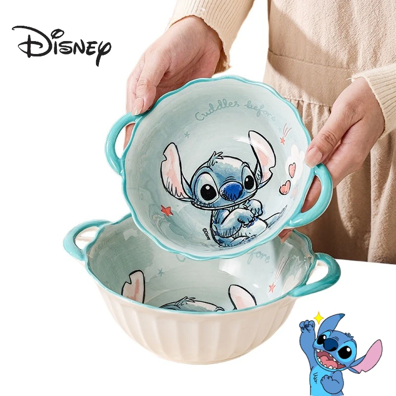 Mangkuk sup keramik lucu bergambar kartun Disney Stitch dengan pegangan ganda anti panas, peralatan makan dapur kreatif, mangkuk salad, mangkuk mie instan, hadiah