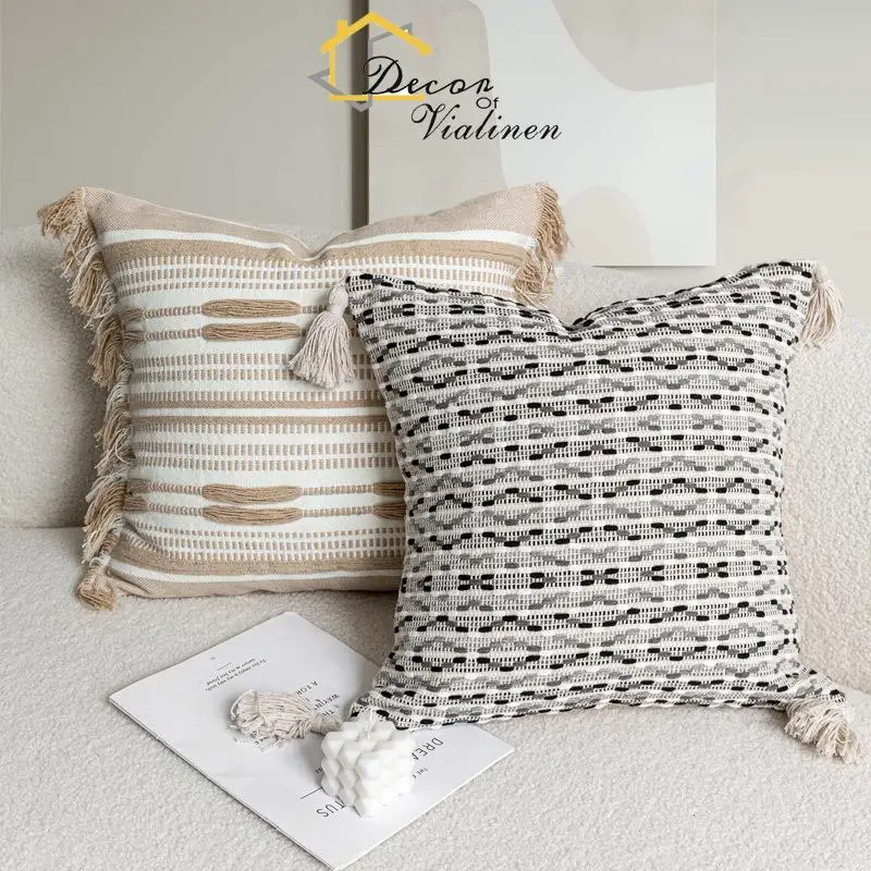 Nordic Instagram Pillow Sofa, Living Room Cotton and Hemp Tassel Cushion, Beige White Cushion, Silent Wind Homestay Black