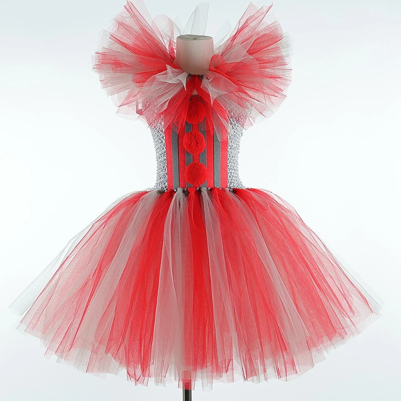 Red Grey Clown Tulle Tutu Dress Girls Fluffy Mesh Princess Gown Scary Halloween Horror Clown Role Play Costume for Party Stage