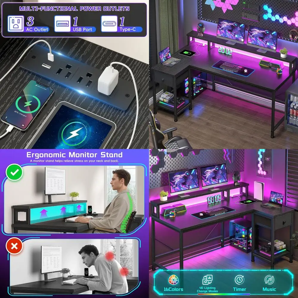 

Игровой L-образный стол с LED-подсветкой и розеткой, идеально подходит для домашнего офиса, учебы или гостиной, черный