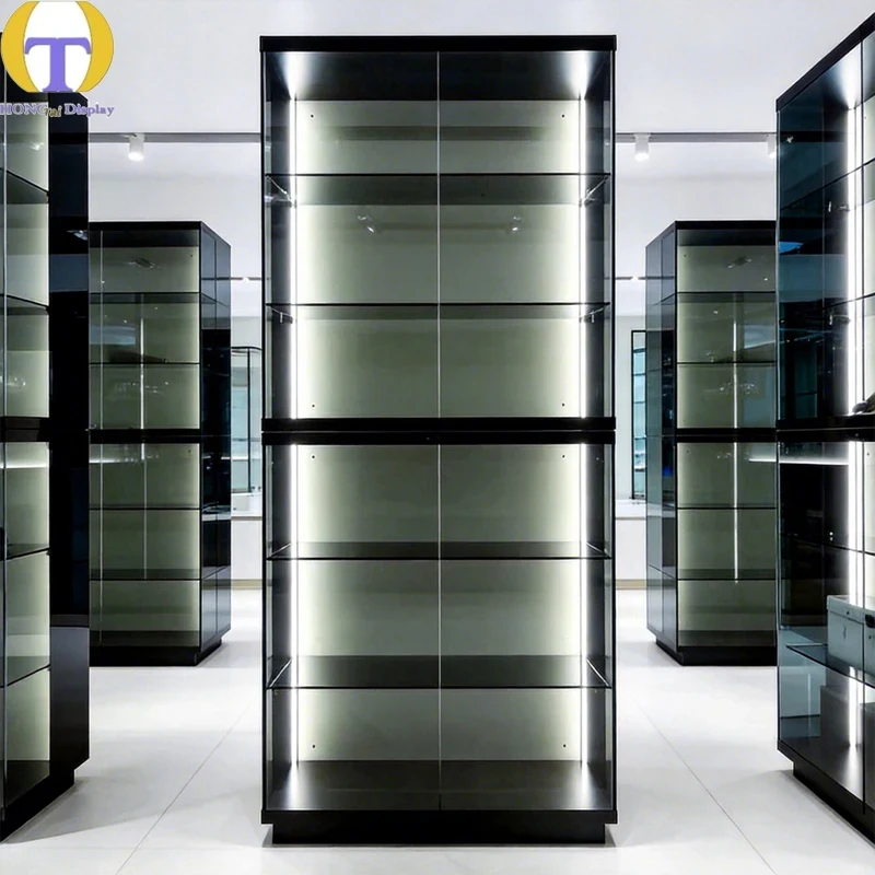 custom.High-end Tempered Glass Display Cabinet LED Lights Lockable Luxury Jewelry Collectible Retail Shop Mall Heavy Duty
