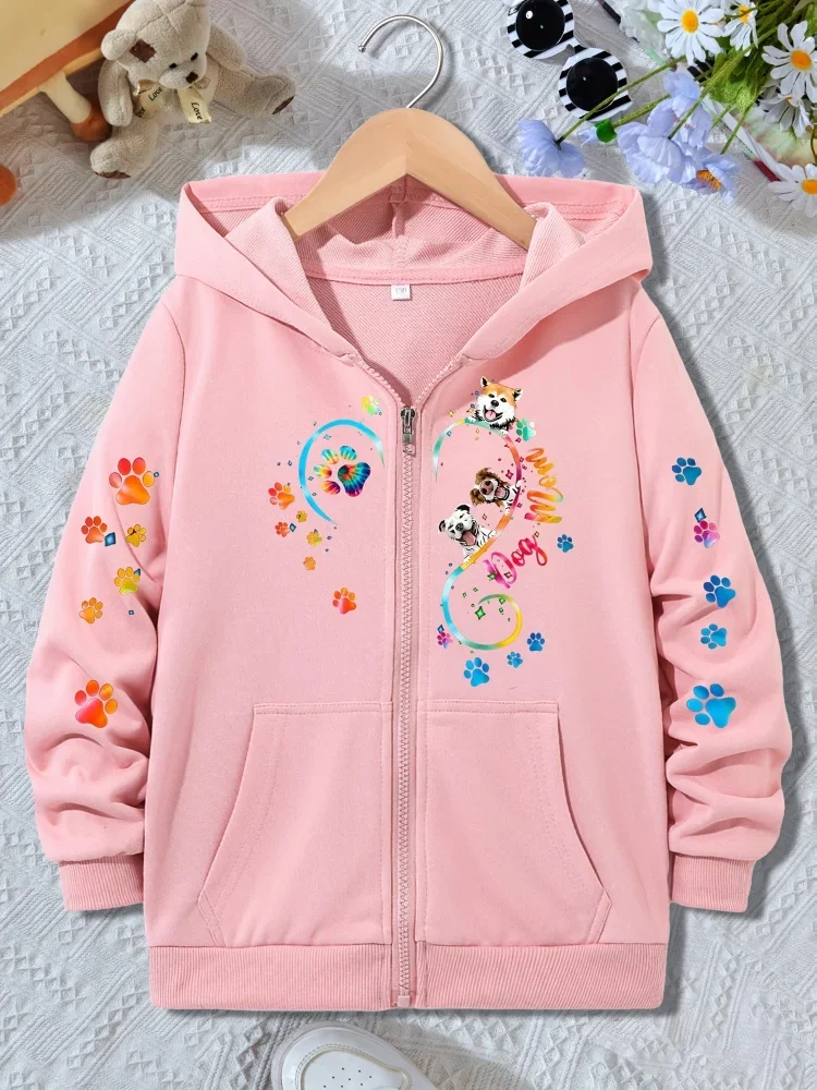 Kids Zip Up Hoodie Rainbow Paw Print Dog Mom Graphic Long Sleeve Loose Hooded Jacket For Pet Lover Boys Girls Daily Outerwear