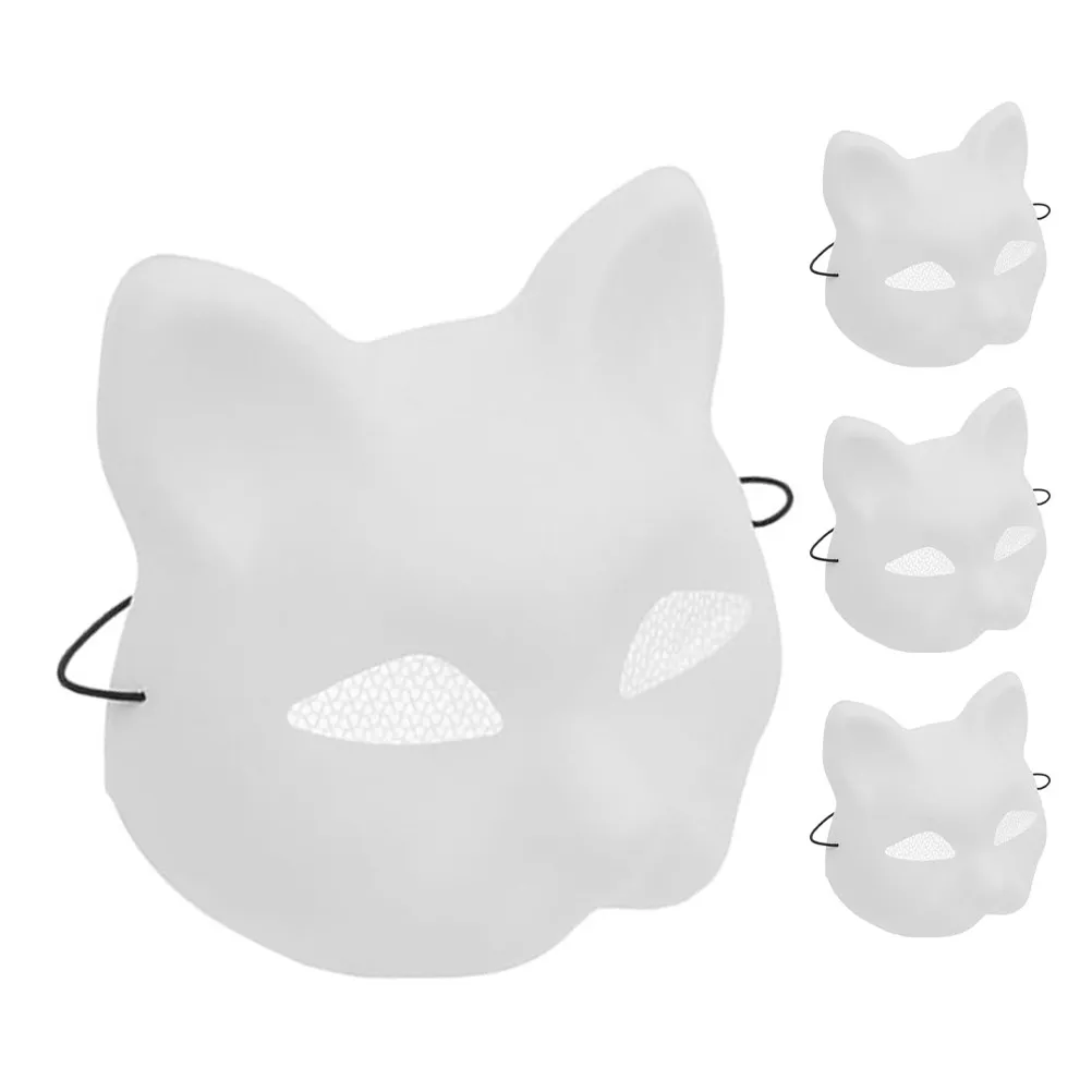 4Pcs Paintable White Cat Face Masks Blank Plastic Masquerade Mask DIY Craft Cosplay Animal Facemask Breathable Mesh Comfort