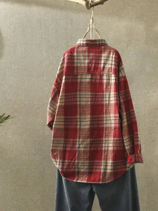 Women's Cotton Linen Long Sleeve Shirt Korean Style Loose Fit Button Design  Neck Checkered Pattern Commute Fashion