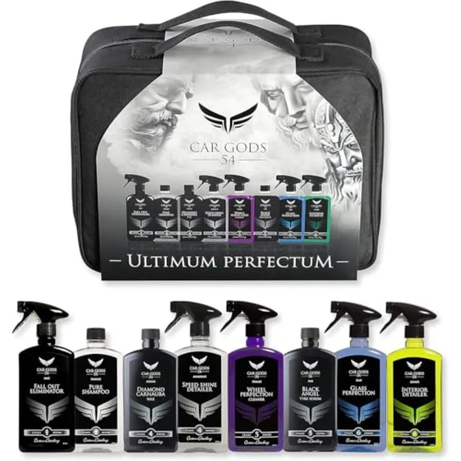 8 Piece Car Cleaning Detailing Kit - Shampoo - Carnauba Wax - Wheel Cleaner - Shine Detailer - Fallout Eliminator - Tyre Serum