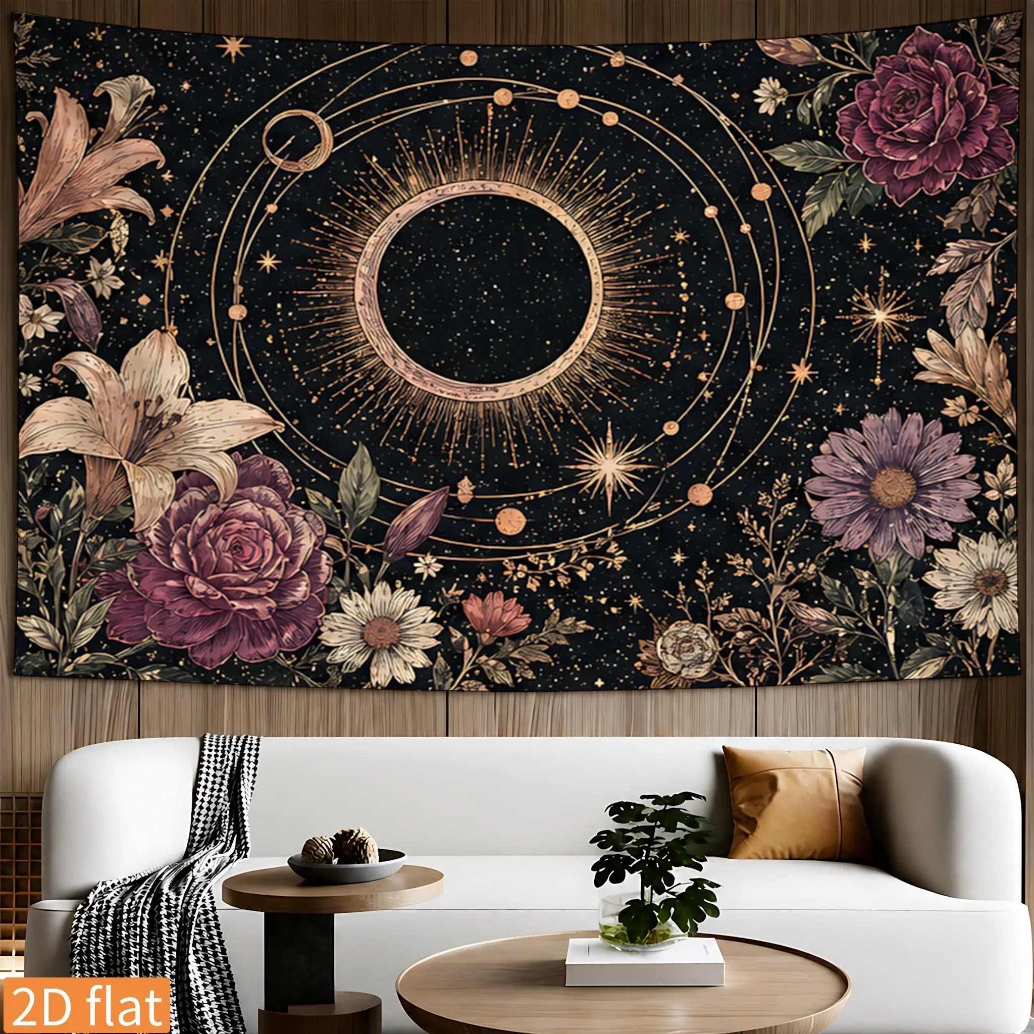 Cosmic Floral Celestial Tapestry Boho Galaxy Stars Moon Sun Wall Hanging Astrology Universe Decor Polyester Artwork Living Room