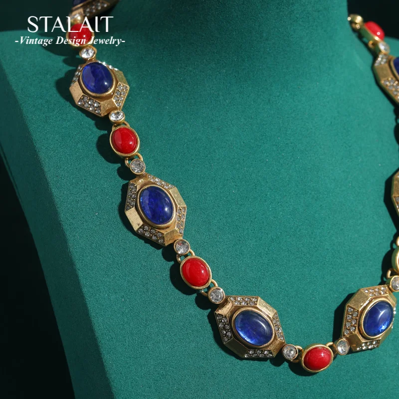 

Vintage Blue Cat Eye Necklace Jewelry Natural Stone Woman African Gold Color Weddings Choker Collar Luxury Designer Antique New