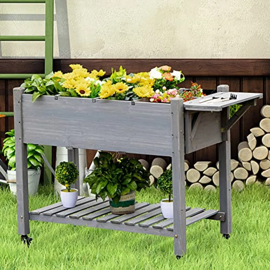 Raised Garden Bed with 8 Grow Grids Wooden Outdoor Plant Box Stand with Folding Side Table and Wheels 49 x 21 x 34 for Vegetabl