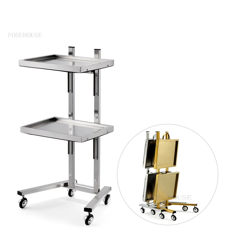 Stainless Steel Auxiliary Car with Wheels Beauty Salon Dyeing Trolley Cart Folding Barber Shop Special Two-layer Tool Trolley