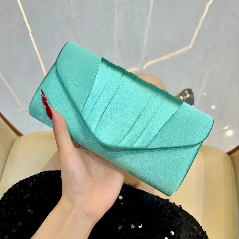 

Turquoise Green Satin Elegant Evening Bag Fashion Wedding Party Ivory Clutch for Women Classic Flap Fuchsia Handbag Long Chain