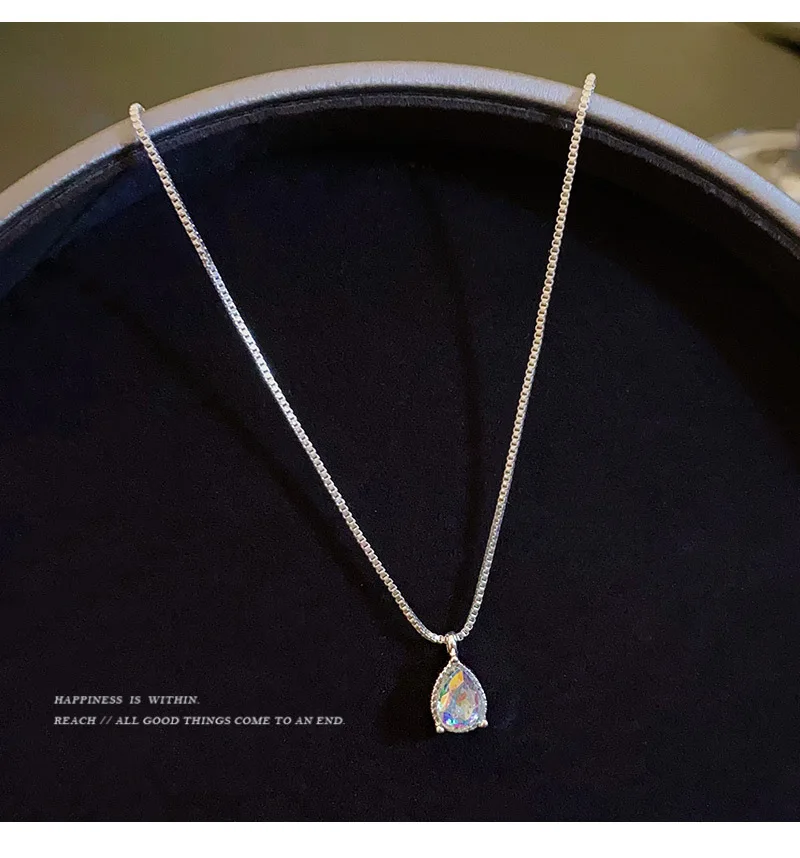 Dainty Teardrop Iridescent Zircon Silver Pendant Necklace for Women, Tiny Rainbow Pear Crystal Box Chain Choker, Minimalist Delicate Daily Jewelry, Romantic Birthday Anniversary Gift for Teen Girls - view 7