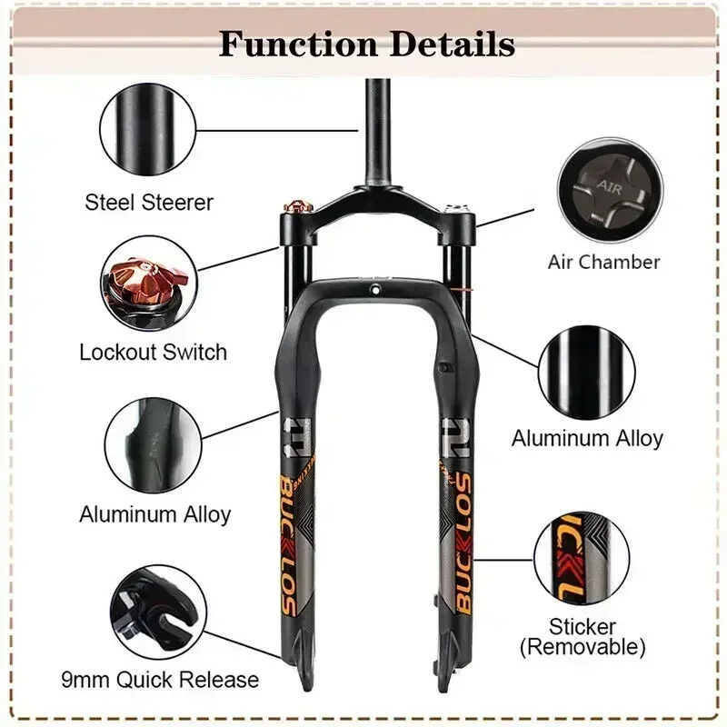 BUCKLOS Fat Bike Fork 26inch 4.0\'\' Tire Mountain Bike Air Suspension Fork 9*135mm Quick Release Snow Bike Fork Bicycle Parts