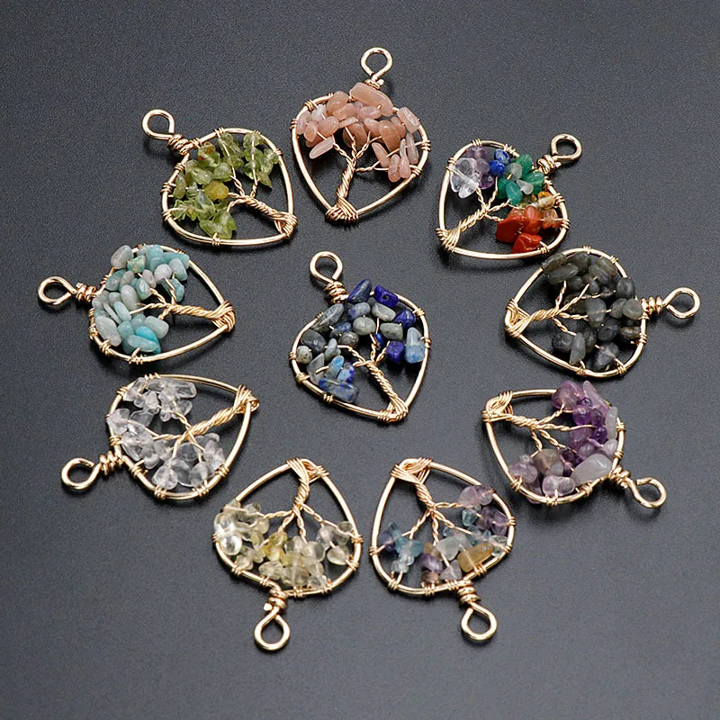 Natural Stone Crystal Handmade Pure Copper Primary Color Wrapped Crushed Stone Heart Square Lozenge DIY Necklace 1PC