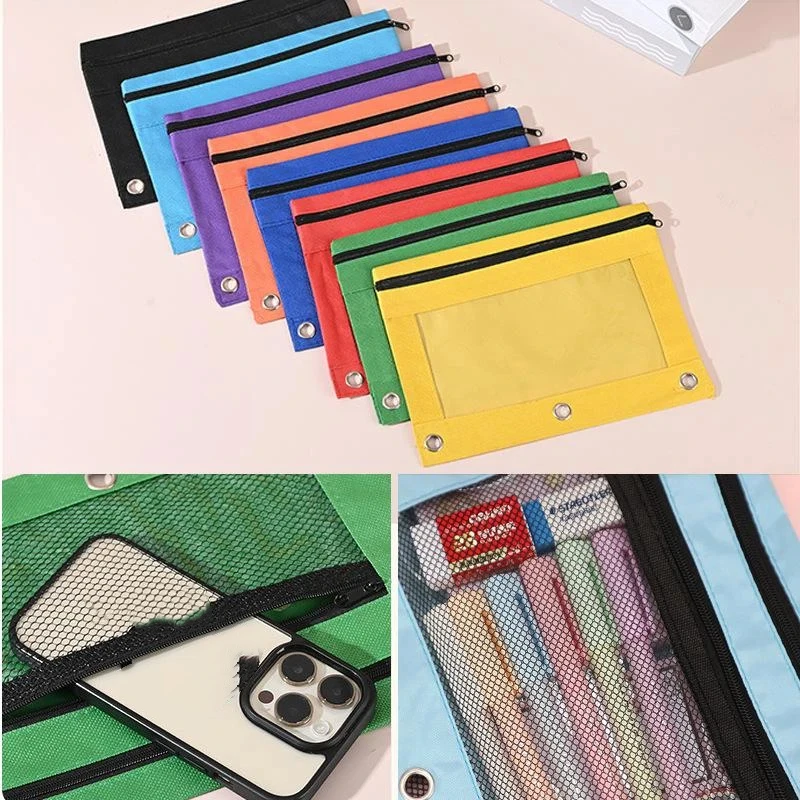 Multicolor Zipper Pencil Pouch Clear Window Waterproof Fabric Stationery Bag For School Office Student Daily Storage