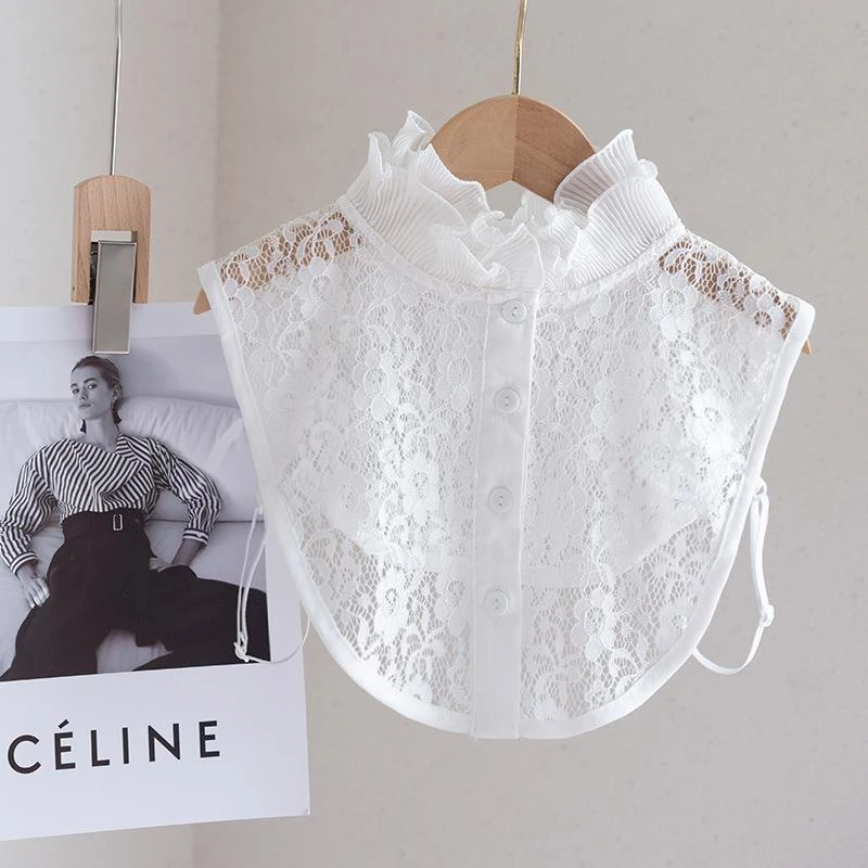 Picture 6: Women Pleated Ruffle Stand Collar Detachable Floral Lace High Neck False Collar Sweater Half Shirt Decorative Collar Accessories
