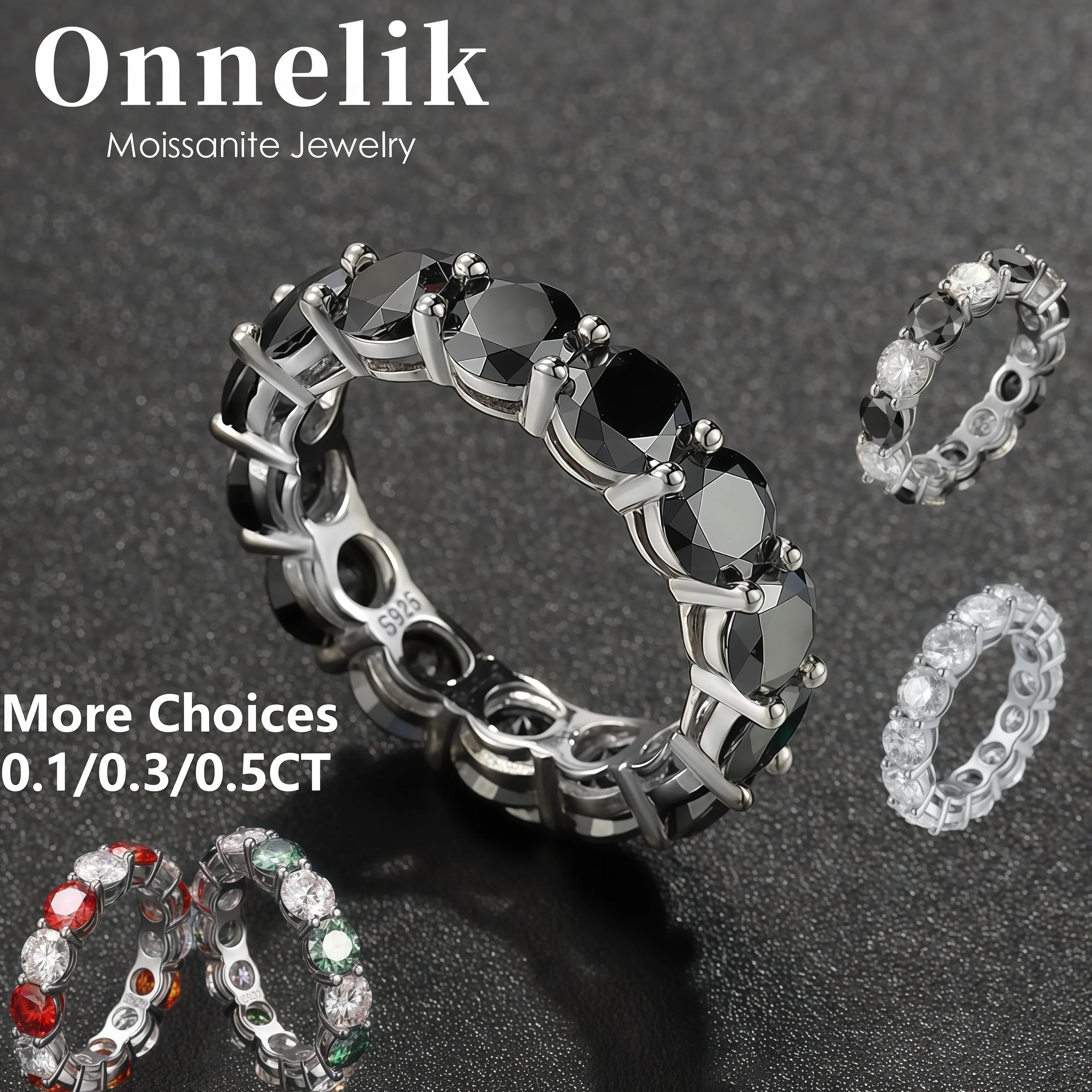 Onnelik Can Pass Diamond Tester 4mm D-VVS1 Black Moissanite Ring 925 Sterling Silver Engagement Wedding Party Jewelry for Women