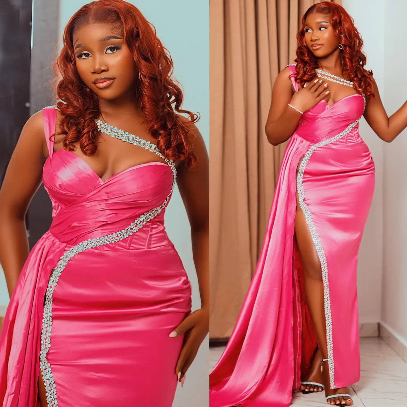 

Fashionable Fuchsia Sheath Prom Dress Satin Promdress One Shoulder Evening Formal Party Second Reception Birthday Engagement Gow