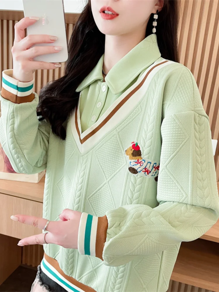 

Модный спортивный пуловер с воротником-поло, зеленый удобный мягкий вышитый мультяшный такса, красочная линия, свободный повседневный топ