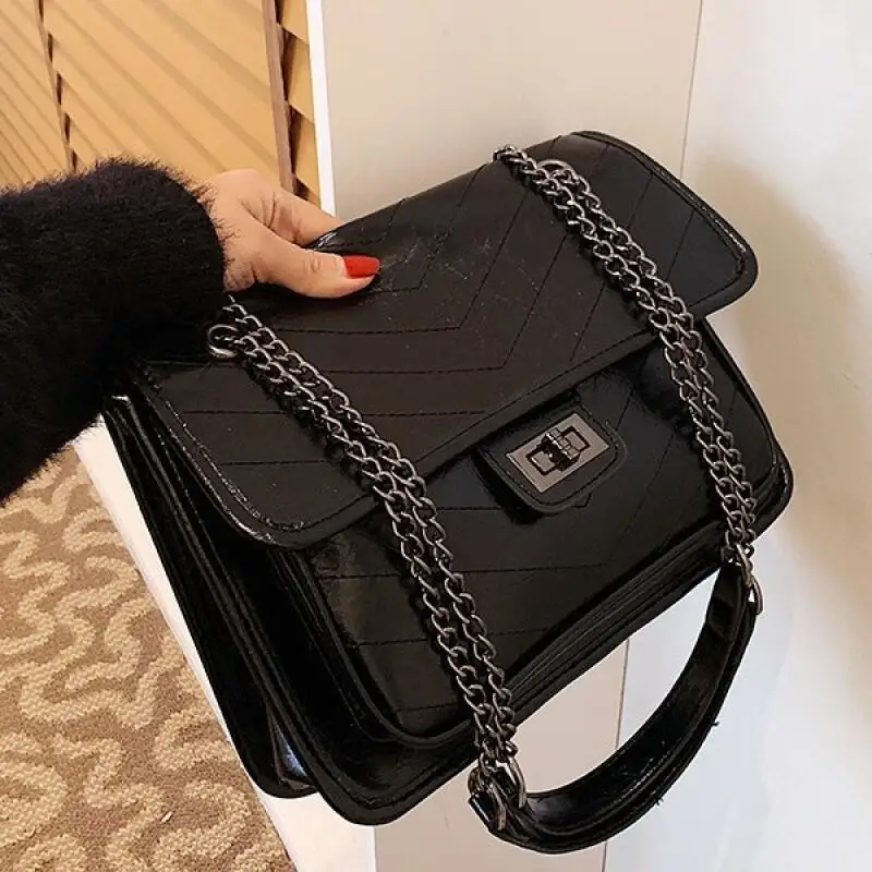 2024 Trendy Women\'s Black PU Leather Shoulder Bags Fashion Versatile Female Chain Crossbody Bags High-end Commuter Flap Handbags