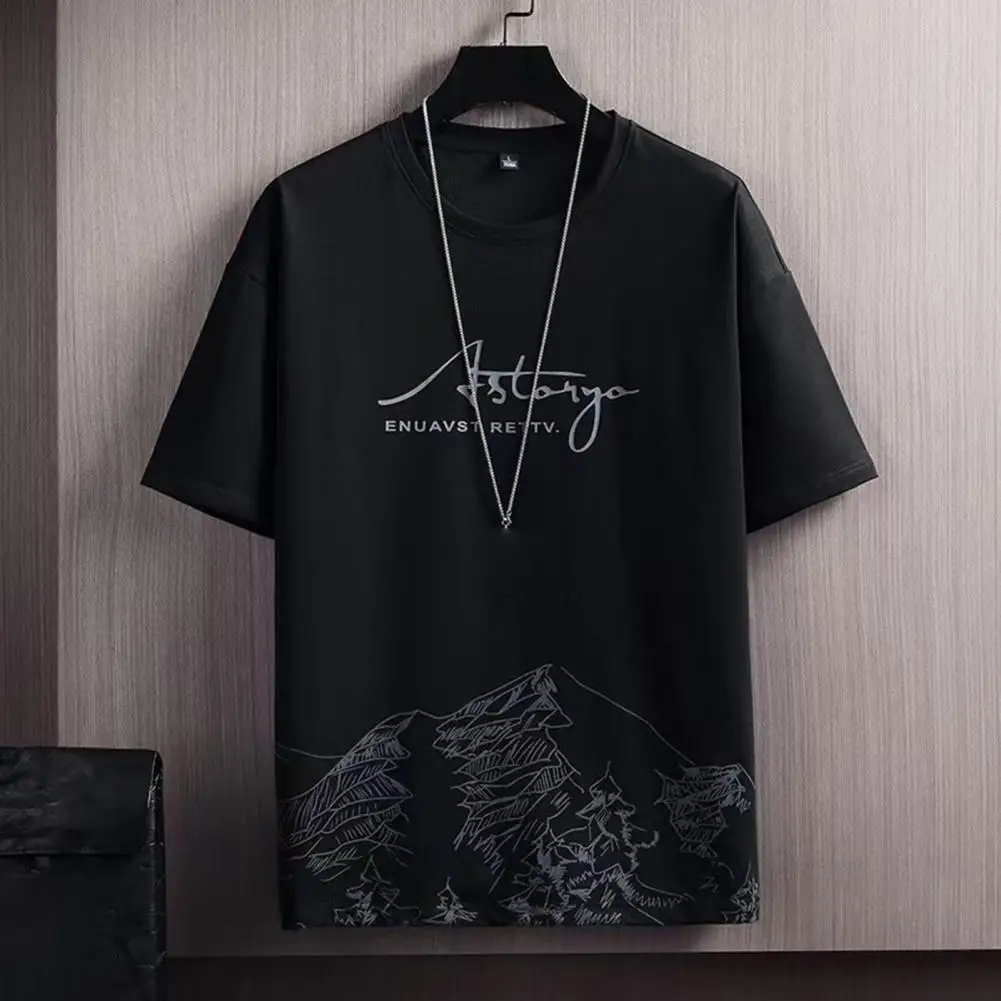 Mountain Print Men T-shirt Breathable Quick Dry Short Sleeves Summer T-shirt Young Style Letter Printed Students Tshirt Men Tee