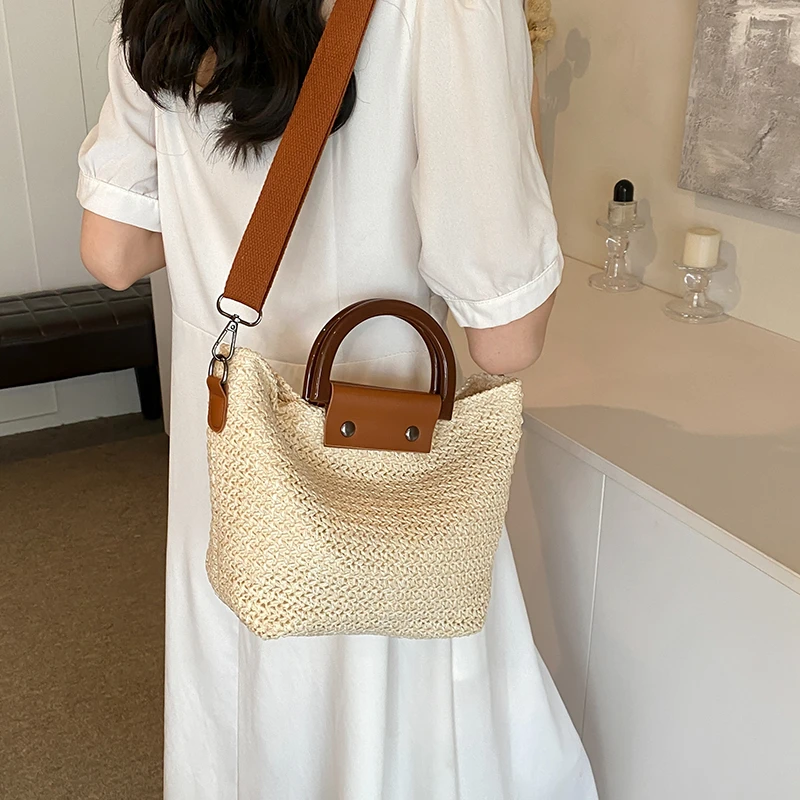 Verão feminino bolsa de ombro alça de madeira bolsa mão tecido saco de palha boêmio casual senhora praia pacote moda senhora crossbody sacos