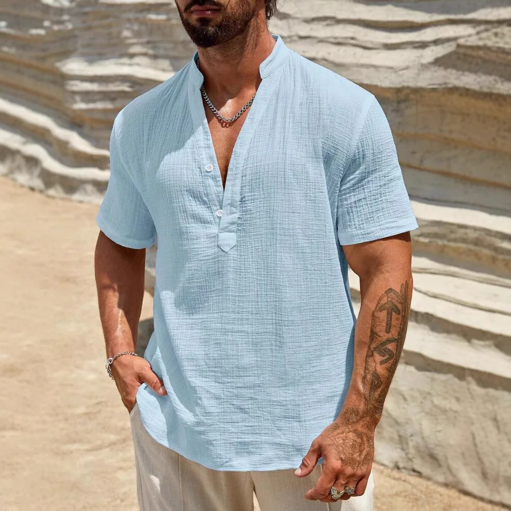Men's Breathable Stand-up Collar Short-sleeved Shirt Men's Fashionable Simple Solid Color Shirt 2026 Spring New Trend Retro
