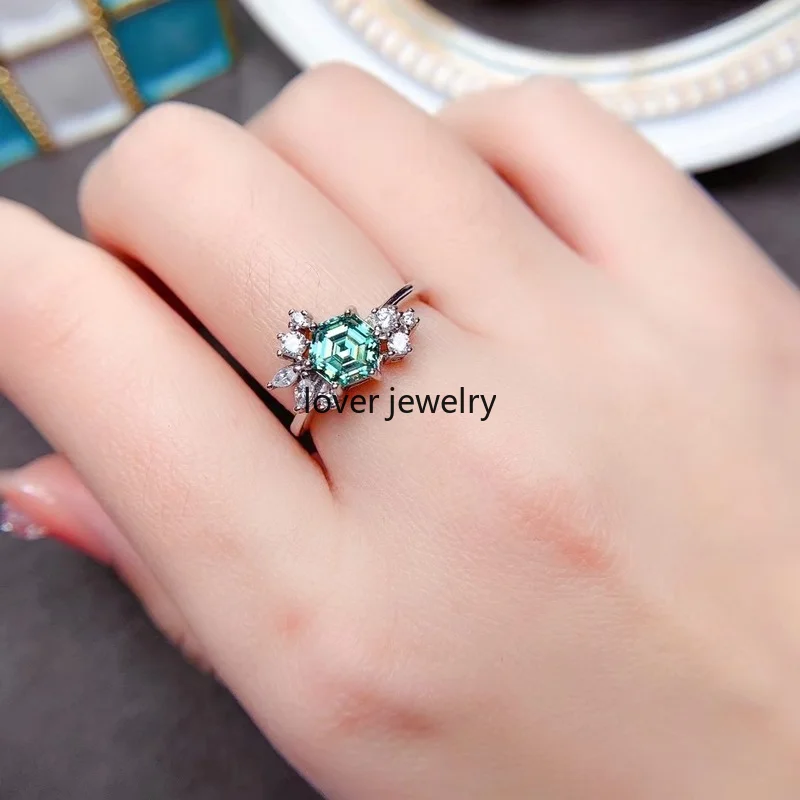 Hexagonal Green Moissanite Ring 925 Silver D Color  Rings for Women Fine Jewelry 1ct with Beautiful Color