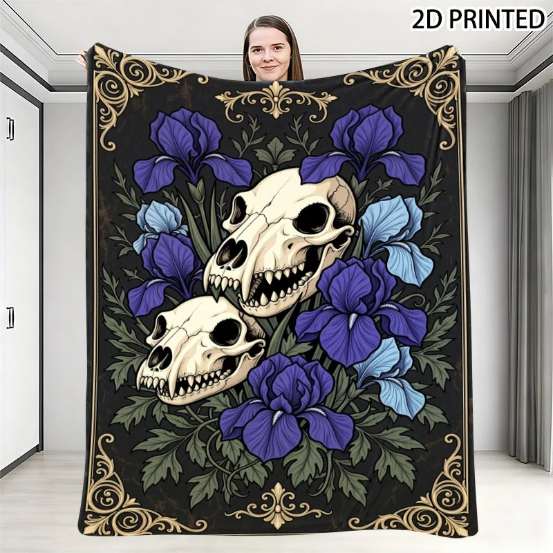 Gothic Animal Skull And Purple Iris Floral Print Throw Blanket, Ornate Vintage Decorative Cover with Multiple Specifications Ava