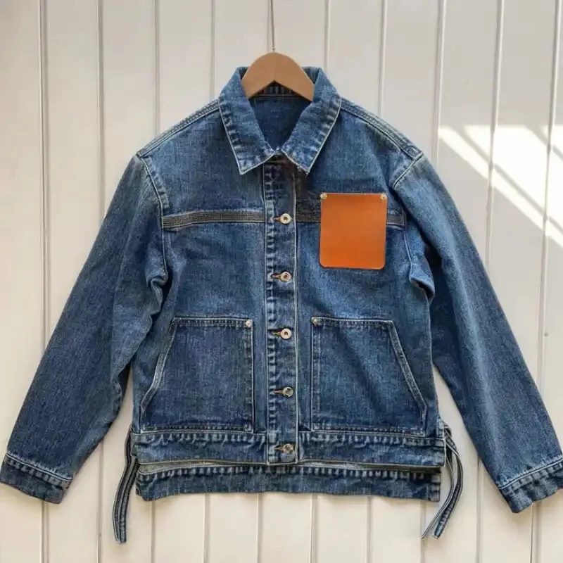 New Luxury Original Fashion Women\'s Denim Jacket Jacket Classic Brand Letter Leather Label High Quality Pocket Casual Loose Top